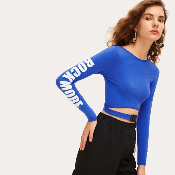 

Letter Print Buckle Cut Out Top