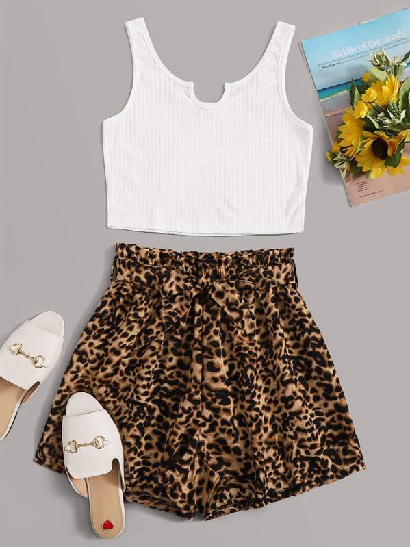 

Rib-Knit Tank Top With Leopard Print Belted Shorts, Multicolor