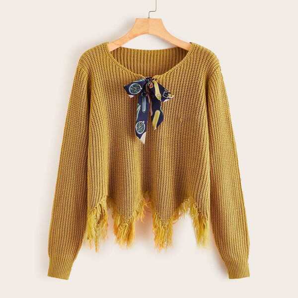 

Raw Hem Bow Front Jumper, Yellow