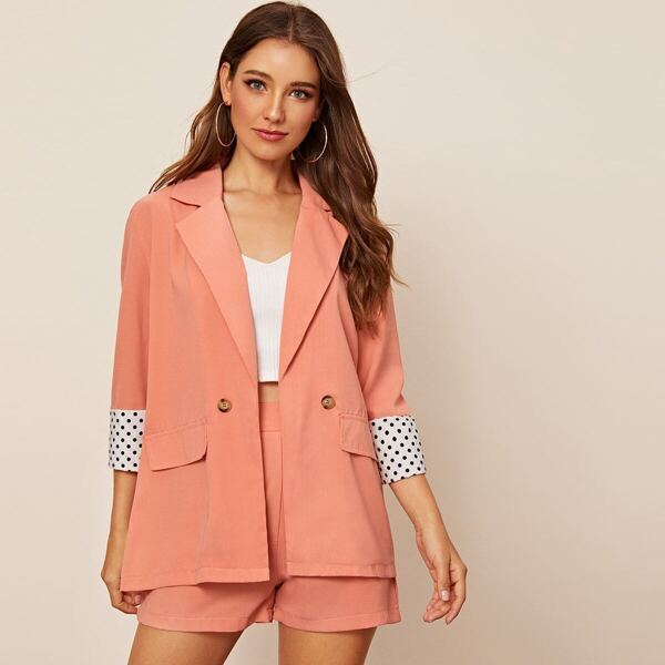 

Polka Dot Cuffed Notched Neck Blazer & Shorts, Pink