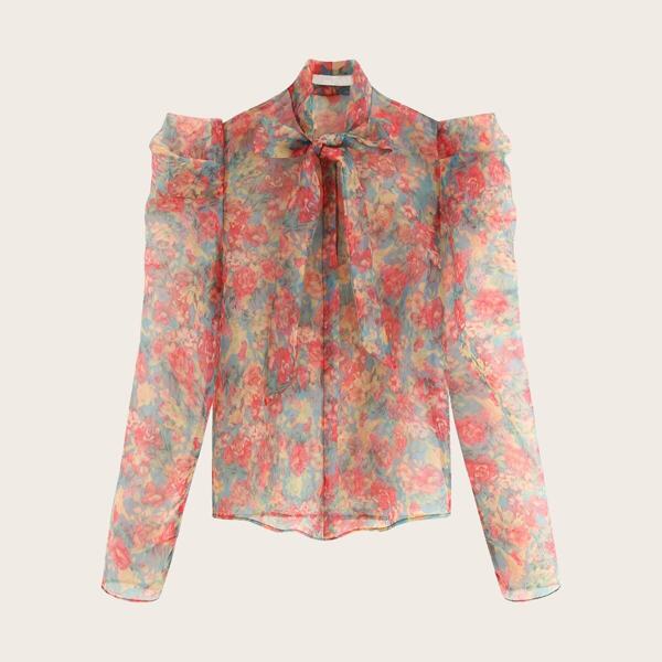 

Floral Print Tie Neck Organza Blouse, Multicolor