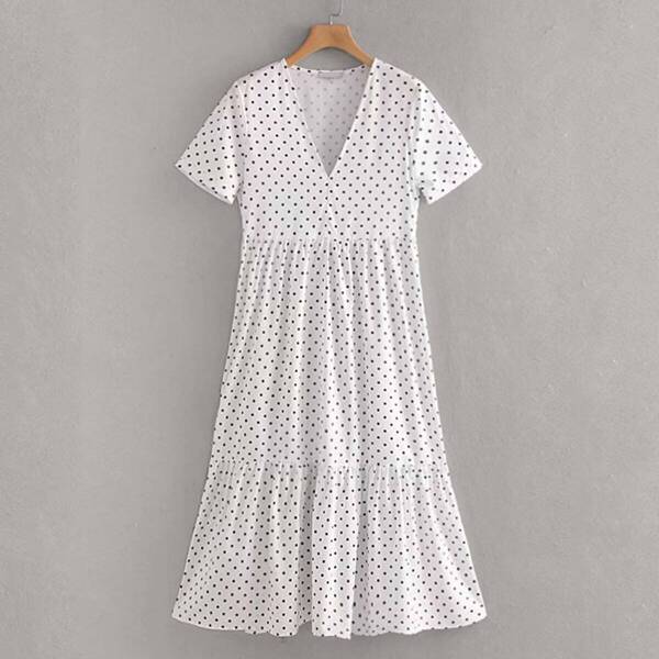 

Polka Dot Ruffle Hem V Neck Dress