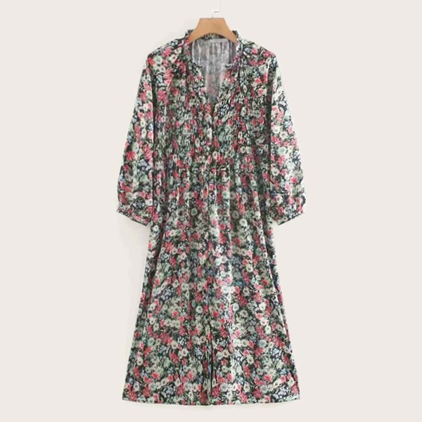 

Floral Print Shirred Frill Neck Dress, Multicolor