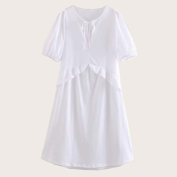 

Solid Ruffle Trim Tie Neck Dress
