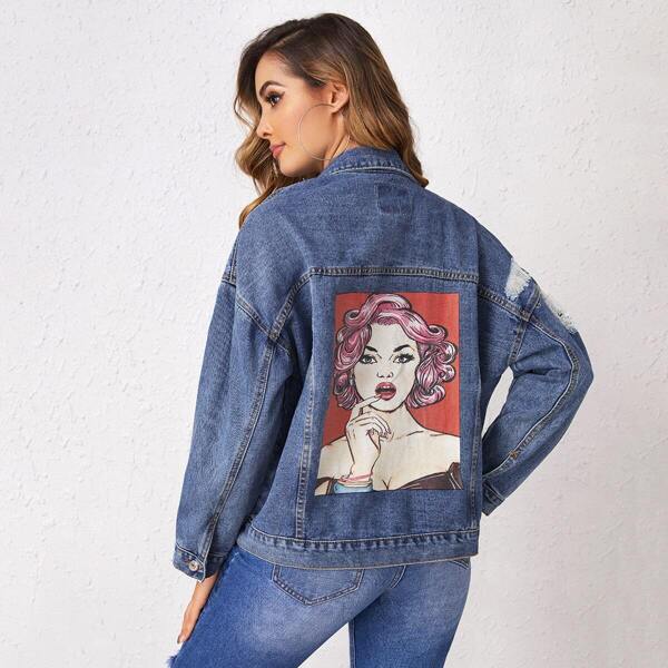 

Ripped Figure Graphic Back Denim Jacket, Blue