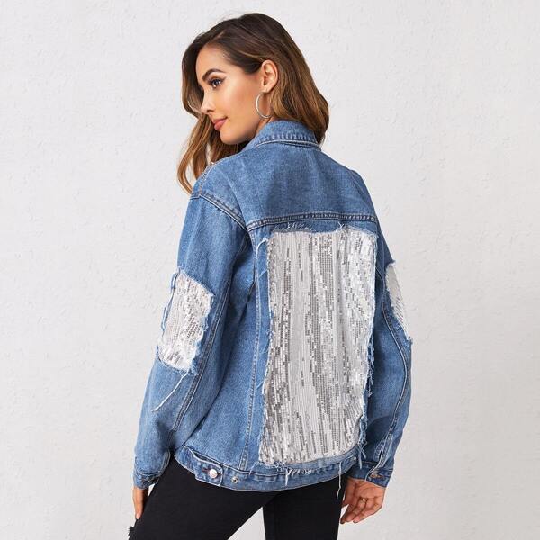 

Sequin Contrast Button Through Denim Jacket, Blue