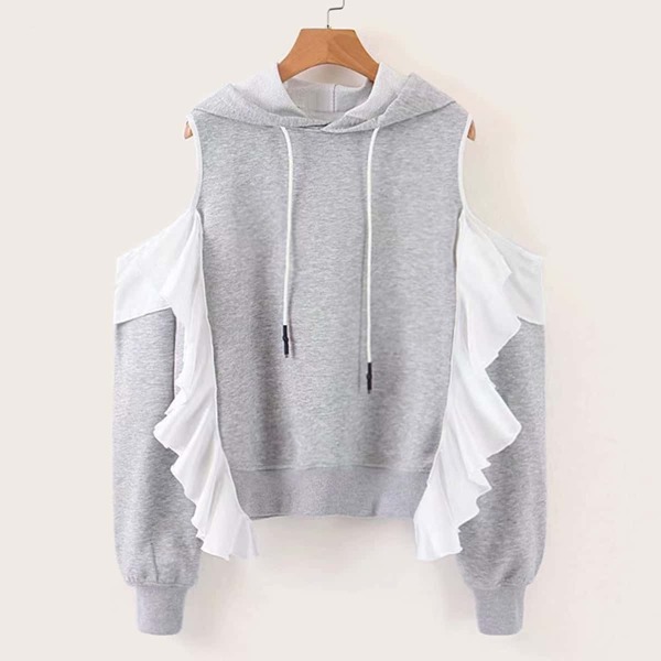 

Ruffle Trim Cold Shoulder Hooded Sweatshirt