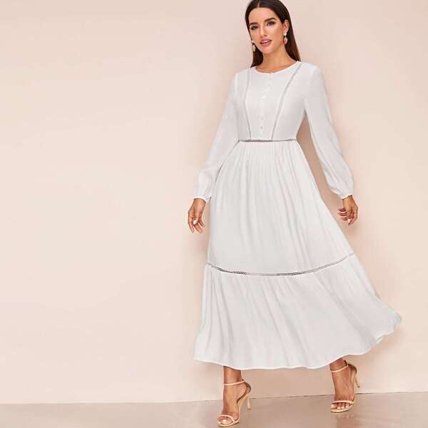 

Button Front Lace Insert Flippy Hem Dress