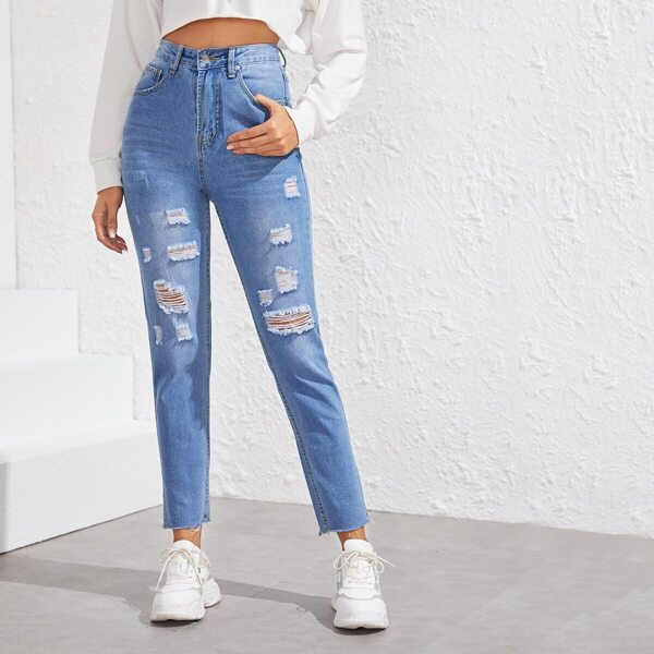 

Button Up Raw Hem Ripped Mom Jeans, Blue