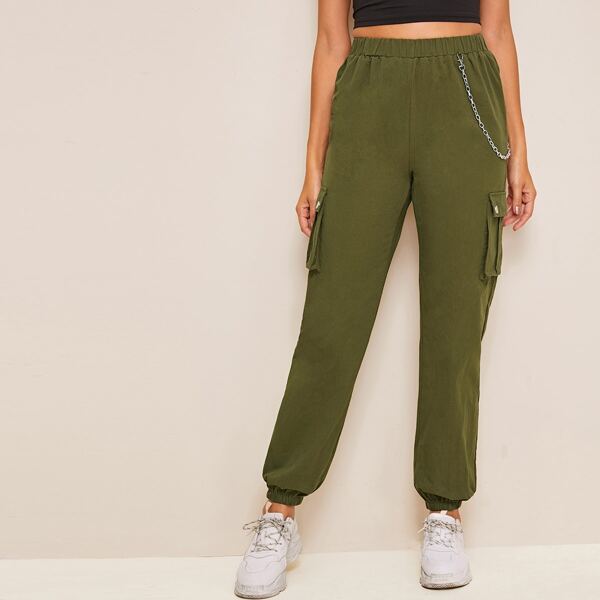 

Flap Pocket Chain Detail Cargo Pants, Army green