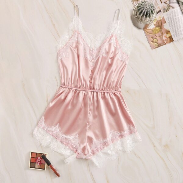 

Eyelash Lace Satin Romper Bodysuit, Pink
