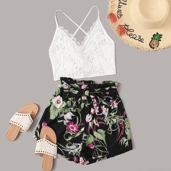 

Lace Up Guipure Lace Top & Floral Belted Shorts Set