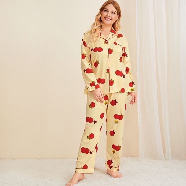 

Plus Cartoon Print Button Front Pajama Set