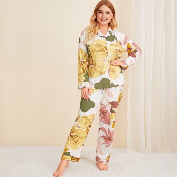 

Plus Floral Button Front Pajama Set