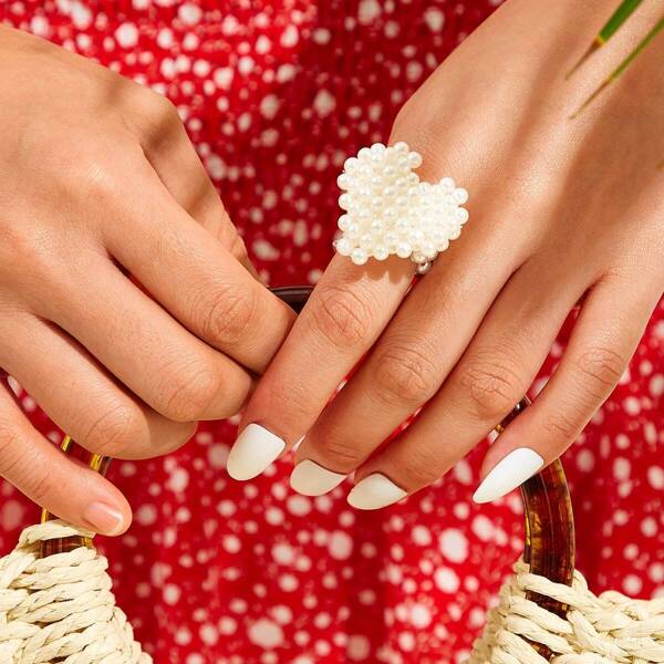

Faux Pearl Decor Heart Ring 1pc