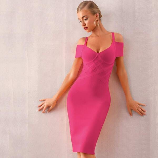 

Adyce Cold Shoulder Midi Bandage Dress, Pink bright