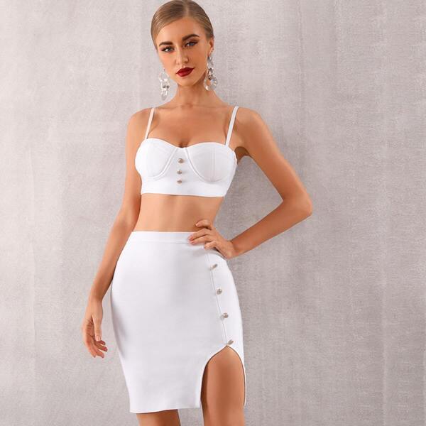 

Adyce Button Front Crop Cami & Slit Hem Skirt Set