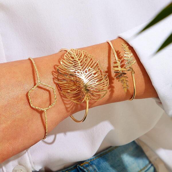 

Leaf & Geometric Decor Bangle Bracelet 3pcs