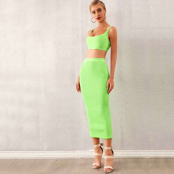 

Neon Green Rib-knit Crop Top & Pencil Skirt Set, Bright lime green