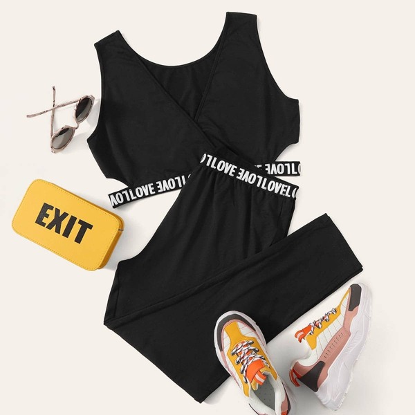 

Plus Cutout Letter Tape Tank Top and Leggings Set