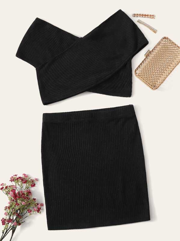 

Solid Bardot Rib-knit Crop Top & Skinny Skirt Set, Black, Candace