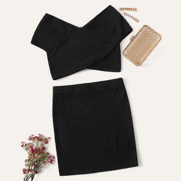 

Solid Bardot Rib-knit Crop Top & Skinny Skirt Set, Black