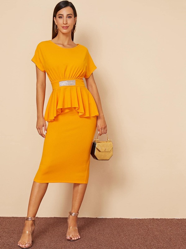 

Rhinestone Tape Detail Peplum Top & Split Back Skirt Set, Yellow, Gabe