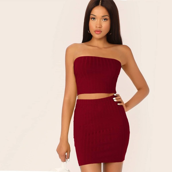 

Rib-knit Tube Crop Top & Bodycon Skirt Set, Burgundy