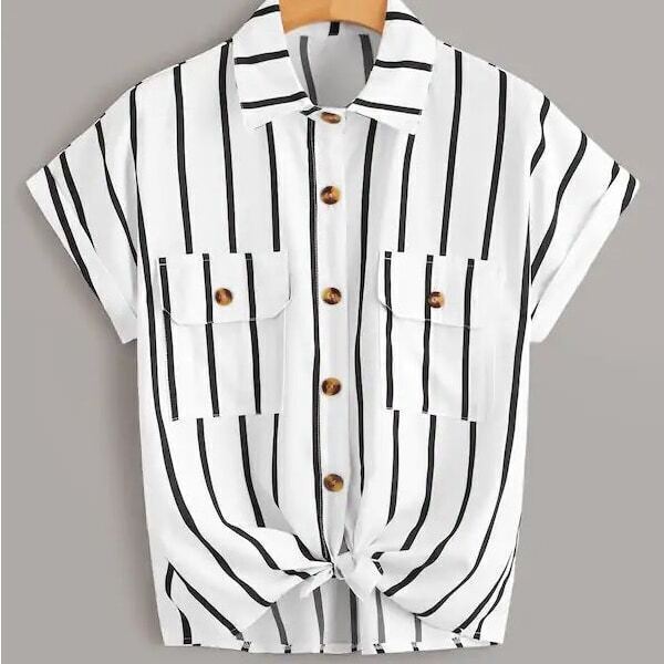 

Plus Knot Hem Pocket Side Stripe Blouse, White