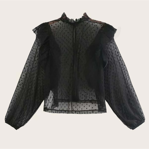 

Dobby Mesh Ruffle Trim Sheer Blouse
