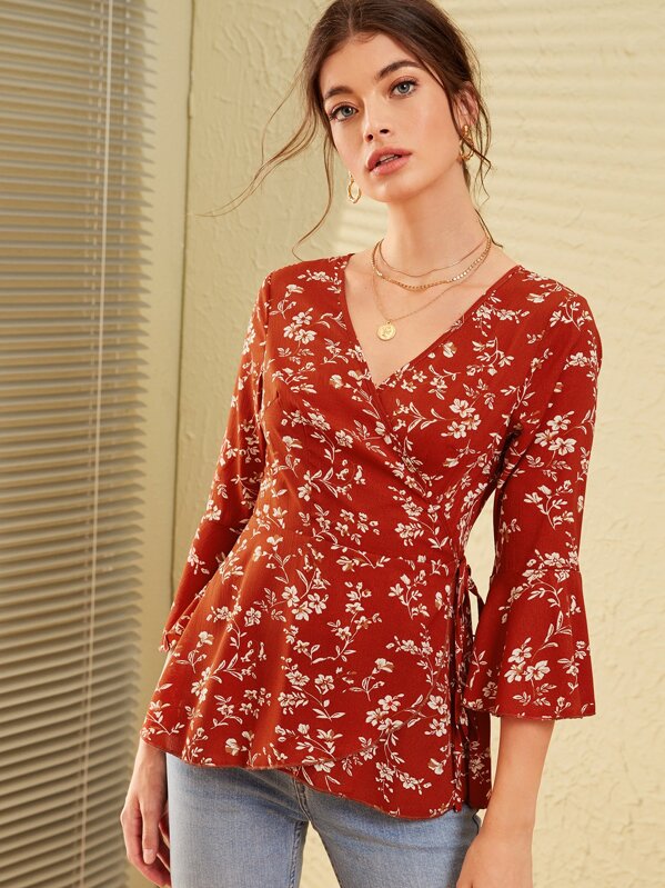 

Ditsy Floral Tie Side Wrap Blouse, Red, Nadja