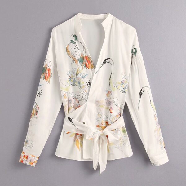 

Crane Print Belted Wrap Blouse, White