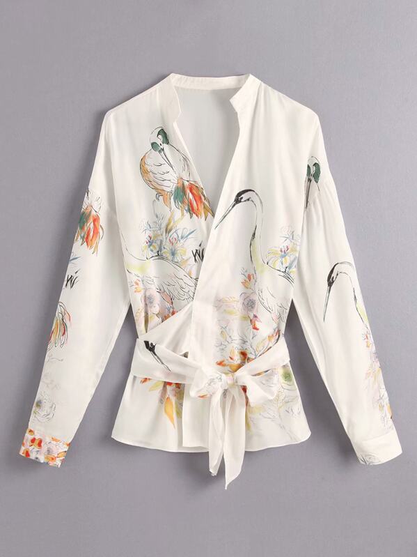 

Crane Print Belted Wrap Blouse, White