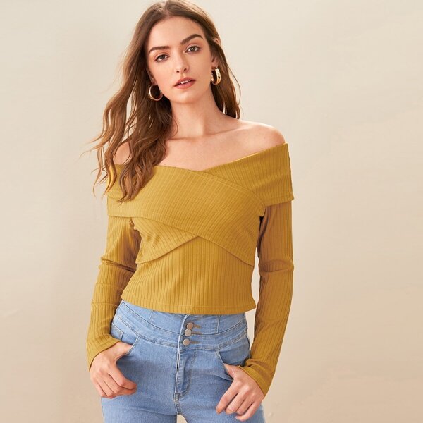 

Off Shoulder Crossover Rib-knit Top