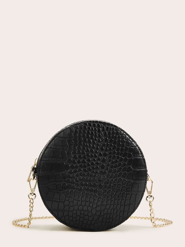 

Croc Embossed Chain Round Crossbody Bag, Black