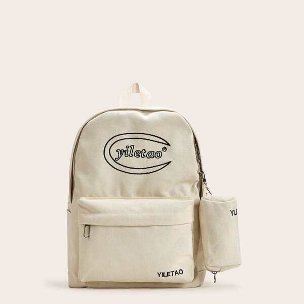 

Letter Pattern Canvas Backpack With Pouch Set 2pcs, White