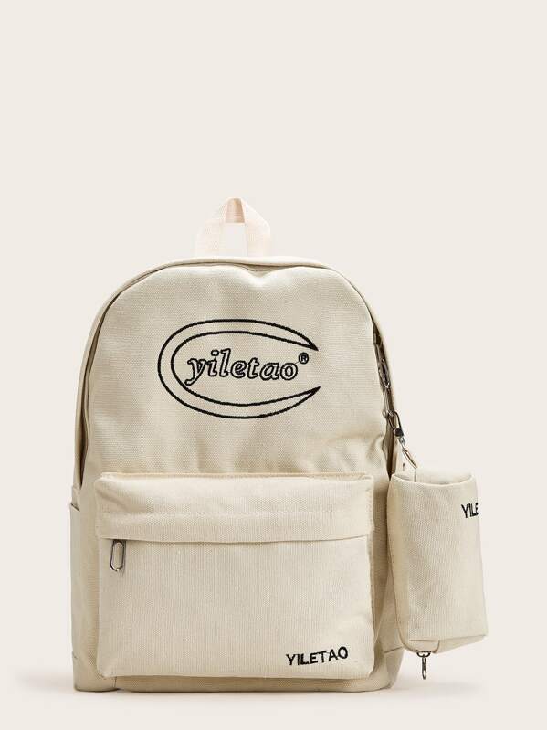 

Letter Pattern Canvas Backpack With Pouch Set 2pcs, White
