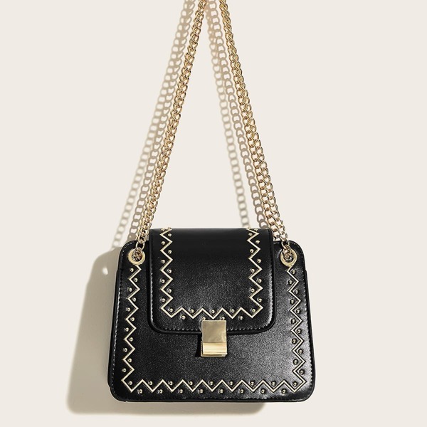 

Embroidery & Studded Decor Flap Crossbody Bag