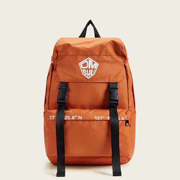 

Release Buckel Detail Letter Pattern Backpack, Orange