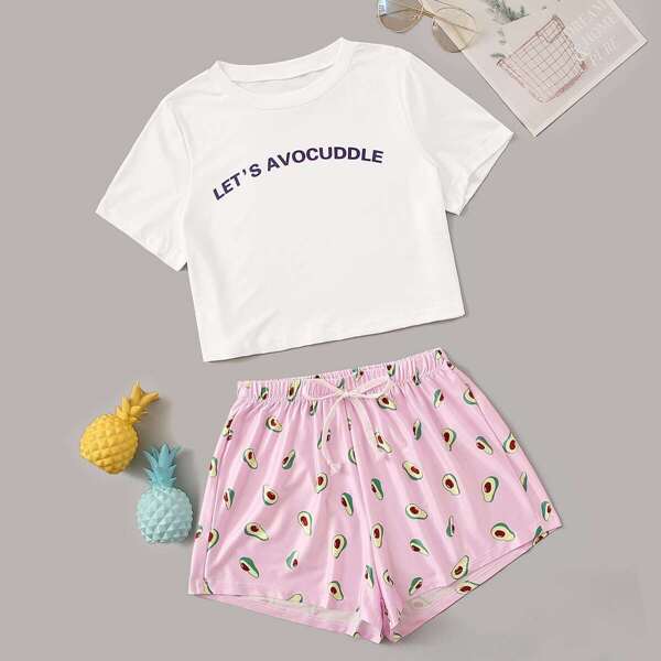 

Avocado & Letter Print Pajama Set, Multicolor