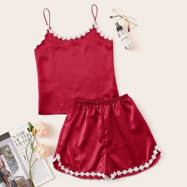 

Crochet Trim Satin Cami PJ Set, Burgundy