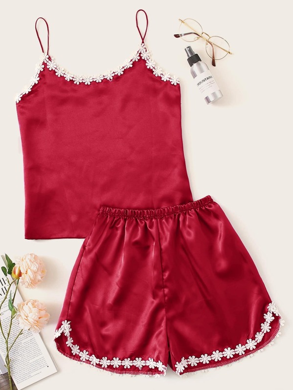 

Crochet Trim Satin Cami PJ Set, Red