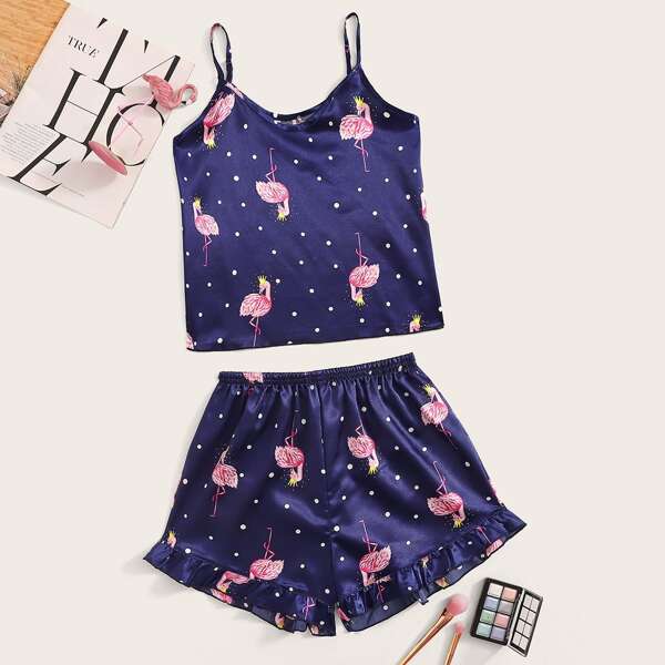 

Flamingo Print Polka Dot Satin Cami PJ Set