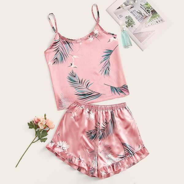

Crane & Tropical Print Satin Cami PJ Set