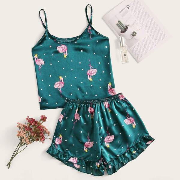 

Flamingo Print Polka Dot Satin Cami PJ Set, Green