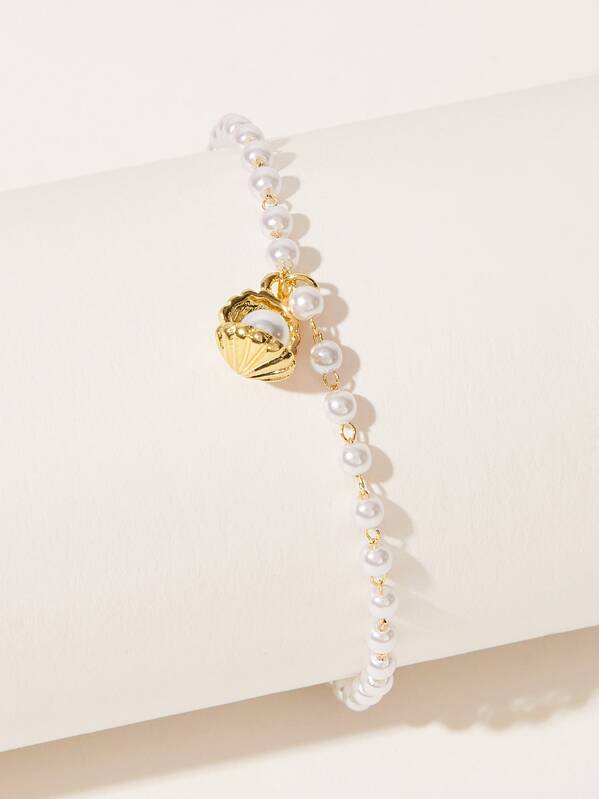 

Shell Charm Faux Pearl Beaded Bracelet 1pc, White