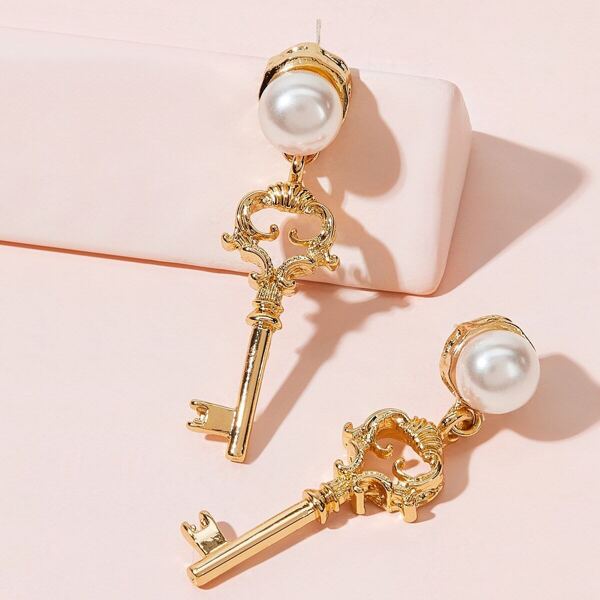 

Faux Pearl Decor Key Drop Earrings 1pair, Gold