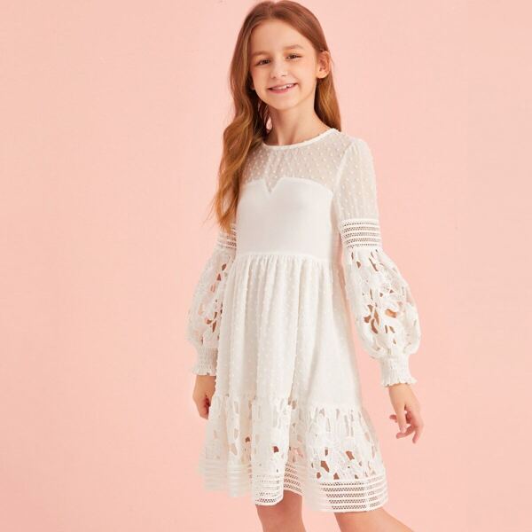 

Girls Swiss Dot Guipure Lace Insert Dress