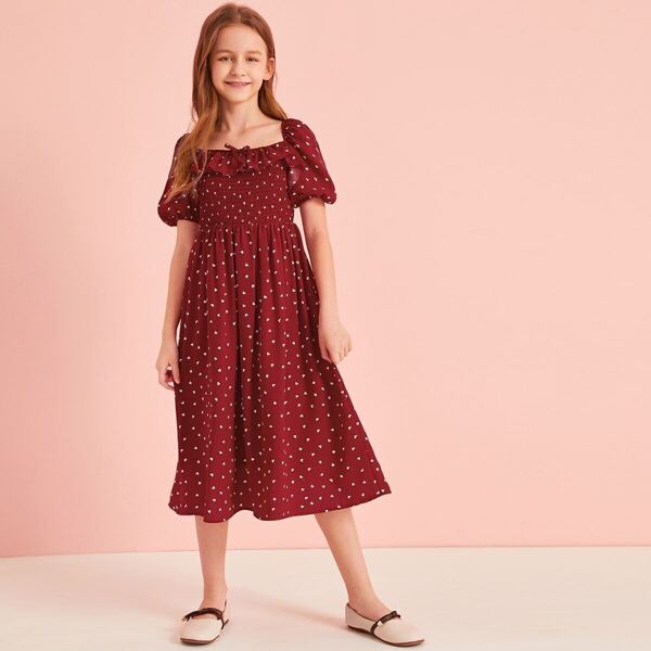 

Girls Puff Sleeve Ruffle Trim Shirred Heart Print Dress, Burgundy