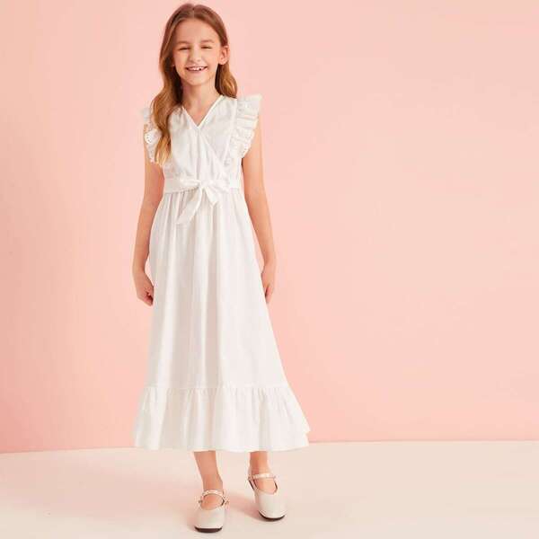 

Girls Schiffy Ruffle Armhole Flippy Hem Self Belted Dress